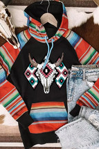 Multicolor Western Steer Head Aztec Serape Patchwork Pocketed Hoodie - $24.94