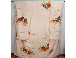 Springtime Chrysanthemum Furisode - Golden Clouds Shiny Waves - Beige Wa... - £51.36 GBP