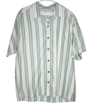 Tommy Bahama Men&#39;s 100% Silk Hawaiian Shirt Blue Gray White Stripe Size Large L - £21.64 GBP
