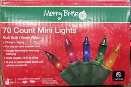 Merry Brite 70 Count Mini Light Multi Bulb Green Wire 15 FT - £11.86 GBP