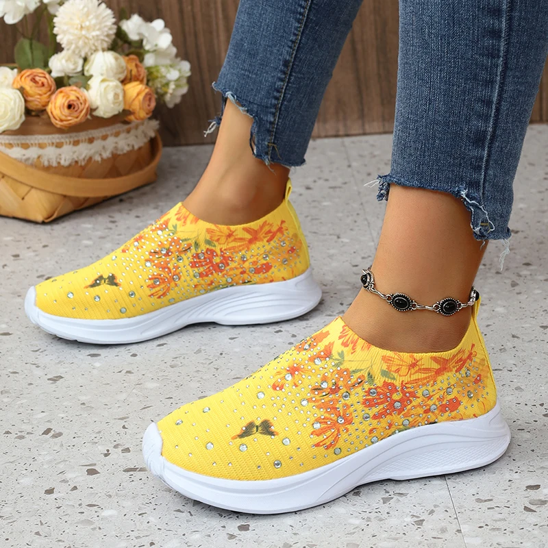 Flower Print Knitted Sneakers Women Shiny Crystal Breathable Walking Shoes Woman - £27.55 GBP