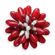 Double Sunflower Red Coral and White Pearl Floral Pin or Brooch - £18.35 GBP