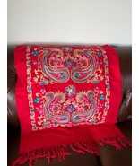 Large Cashmere &amp; Silk Blend Red with Pink Yellow &amp; Blue Embroidered Flor... - £22.54 GBP
