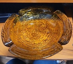 Vintage 9&quot; Amber Gold Heavy Glass Ashtray Ripple 4 Rest Coffee table Retro Decor - £7.31 GBP