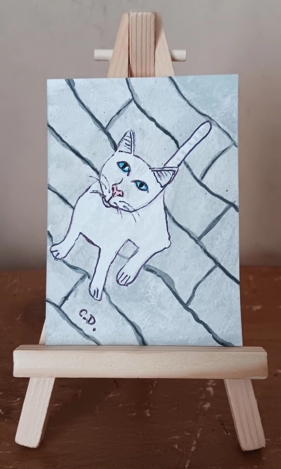 ACEO Original White Cat On Patio Painting Signed Collectible Miniature A... - $5.20