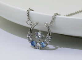 Moon with Blue Crystal Solitaire Dainty Pendant Necklace Sterling Silver - £9.82 GBP