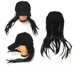 Novelty Baseball Hat With Long Black Hair Costume Dressup Ball Cap Mens Women - £7.48 GBP