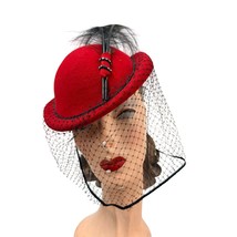 VTG 1950s Andre Red Veiled Fascinator Hat Feather Femme Fatale Glam Noir - $113.80