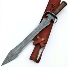 Damascus Steel Sword Caming Hunting Survival sword With Leather Cover Home Decor - £87.78 GBP
