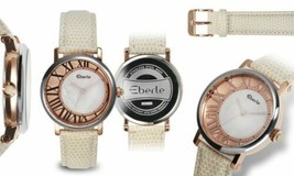 NEW Eberle 14058 Womens Lunette Pearl Dial Beige Leather Silver Bezel Gold Watch - £25.50 GBP