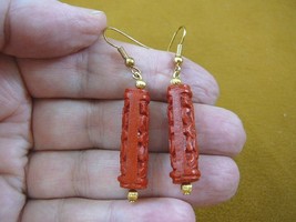 (EE400-22) cylinder RED CINNABAR bead flower wooden dangle hook earrings gold - £9.72 GBP