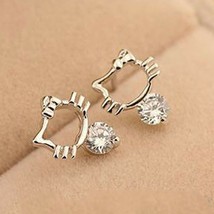 0.12Ct Round Simulated Diamond Cute Hello Kitty stud Earrings Sterling Silver - £52.69 GBP