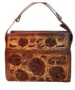 Vtg 70s Purse Leather Hand Tooled Brown Mexican Handbag Roses Floral Emb... - $48.50