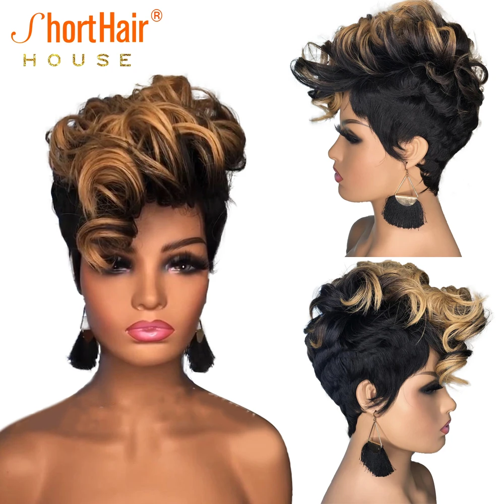 150% Ombre Blonde Color Short Bob Pixie Cut Wig With Bang Wave Way Wig For Black - £42.14 GBP+