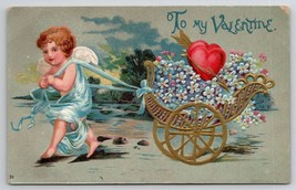 Valentine Greeting Cherub Pulling Cart Heart and Flowers Postcard C29 - £6.25 GBP