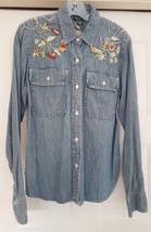 Vtg Lauren Jeans Co Floral Embroidered Denim Jean Shirt Western Women&#39;s Size L - £115.10 GBP