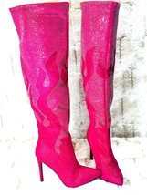 Hot Pink &amp; Silver Rhinestone Flame Detail Sexy OTK Thigh Boots  - £67.94 GBP