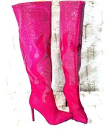 Hot Pink &amp; Silver Rhinestone Flame Detail Sexy OTK Thigh Boots  - $85.00
