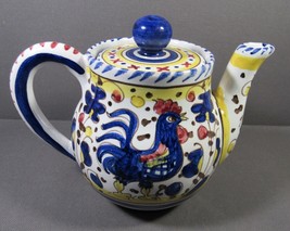 Italian Deruta Pottery Teapot Hand Painted Rooster 7.5&quot;x5.25&quot; Locking Lid A1562 - $39.77