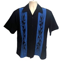 Mens Vintage Rockabilly Colorblock Black Blue Button Up Camp Shirt Medium Flames - £39.10 GBP