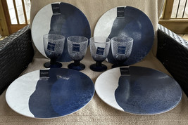 4 Nautica Home Blue White Wave Dinner Plates Melamine &amp; 4 Footed Bubble Glasses - £62.90 GBP