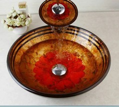 Modern Sunburst Red Bathroom Round Sink Basin Tempered Glass Bowl w/ Faucet Set - £182.75 GBP