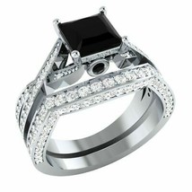2.27Ct Black Princess Cut Diamond Engagement Bridal Ring Set 14K White Gold - £210.09 GBP