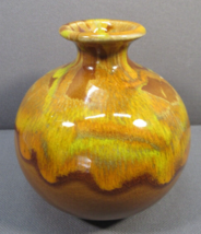 Studio Art Pottery 4&quot; Bud Vase Yellow Brown Drip Glaze Glossy Retro Handmade - £14.17 GBP