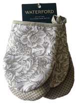 Waterford Mini Oven Mitts Set Of 2 Beige White Flowers Scroll Silicone Cotton - £24.56 GBP