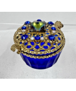 Vintage Cobalt Glass w Rhinestone Studded Lid Trinket Box 1 7/8 W x 1 3/4 T - $34.16