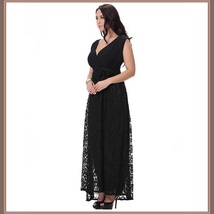Long Plus Size Sleeveless Black Lined Lace Maxi W/ Ribbon Tied Empire Waist Gown image 3