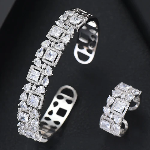 Deluxe Full Cubic Zircon Bangle Cuff Bracelet Ring Set Geometry Saudi Ar... - $49.73
