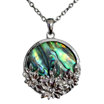 Flower Abalone Pendant Necklace CZ Daisy Flowers 20&quot; Chain Paua Shell Jewellery - £17.05 GBP