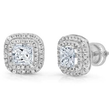 2.5CT Simulated Gemstone Square Halo Stud Earrings 14k White Gold Plated Silver - £89.98 GBP