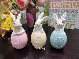 Easter Pastel Trio HOP Bunny Figurines Resin Tabletop Decor 3pc - £23.97 GBP