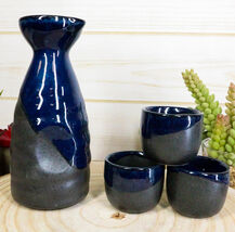 Glazed Ceramic Pottery Blue Night Sky Japanese Sake Tokkuri Flask And 3 ... - $25.99