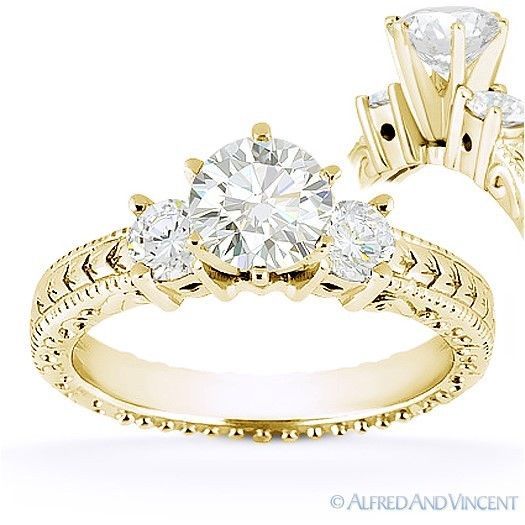 Primary image for Forever ONE D-E-F Round Cut Moissanite 14k Yellow Gold 3-Stone Engagement Ring