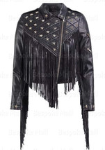 New Handmade Women Gold Star Studded Black Cowhide Fringed Leather Jacket-223 - £220.53 GBP