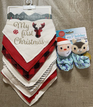 Infantino Unisex Baby Foot Rattles Santa 0+ &amp; 8pk Holiday 2-ply Bibs/Ban... - $19.96