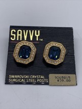 Savvy Swarovski Crystal Earrings Gold/Sapphire Looking Pierced Surgical Steel   - £22.05 GBP