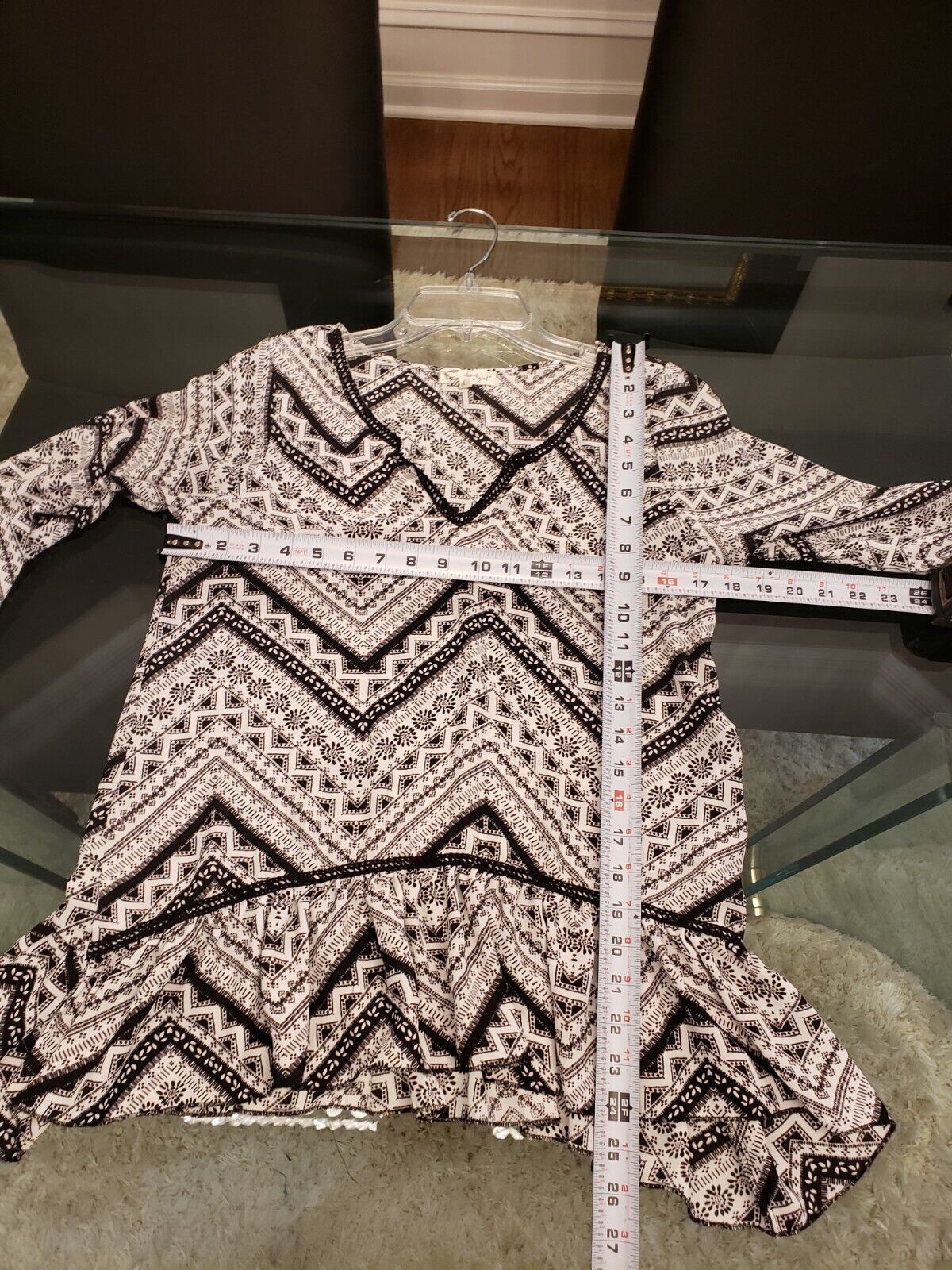 About A Girl Women's White Black Aztec Print Ruffle Long Sleeve Top Blouse Small Item image 12
