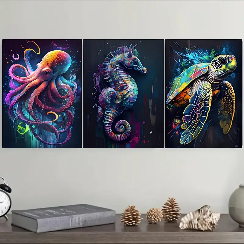 3pcs Canvas Poster, Vintage Art, Colors Shark Octopus Turtle Seahorse - £23.56 GBP
