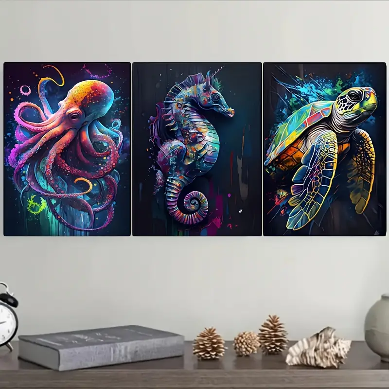 3pcs Canvas Poster, Vintage Art, Colors Shark Octopus Turtle Seahorse - $29.99