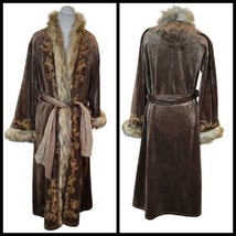 Vintage 90s Penny Lane Brown Plush Long Robe Faux Fur Collar Embroidered... - $77.22