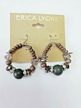 Erica Lyons Silver Tone French Wire Beaded Hoop Earrings Brown Wood Rhinestone - £10.47 GBP
