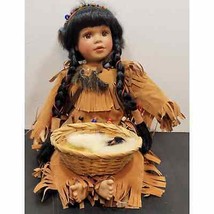 Vintage Native American Girl Porcelain Doll 10 1/2&quot; Sitting with Baby in Basket - £29.88 GBP