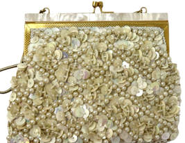 Vintage Beaded Ivory Purse Bag Mother of Pearl Trim Handle Clasp Hong Kong image 4