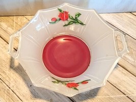 Indiana Console Glass White Bowl W/Red Base Handles Red Tulips Hand Painted - $11.14