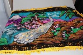 JAPAN Lg Souvenir Wall Hanging Banner Peacock Black Velvet Yellow Fringe Vtg - £15.48 GBP