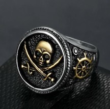 New Gothic Mens Stainless Steel Gold Plated Biker Pirate Skull Ring Size 6-15 - £13.38 GBP